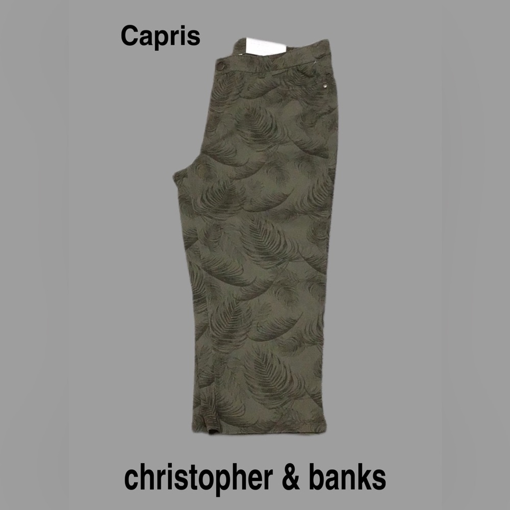NWT christopher & banks Modern Fit Capri, Army Green‎ with Fern Print, Size 12